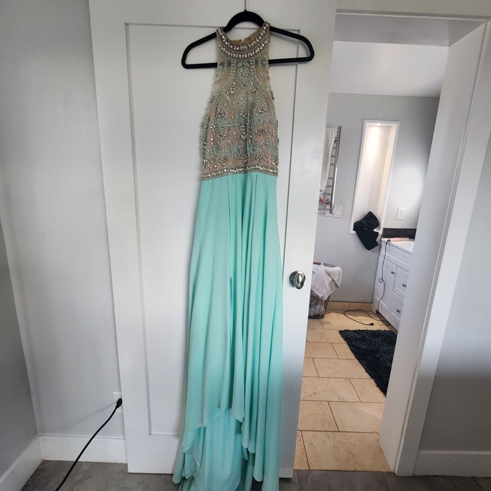 Terani Couture Blue Rhinestone Prom Dress Size 12 Backless - Picture 9 of 10